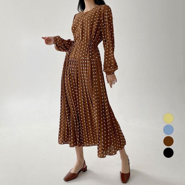 플랜데이 소녀감성 땡땡이 도트 플리츠 롱 원피스 대표 이미지 - 땡땡이 원피스 추천