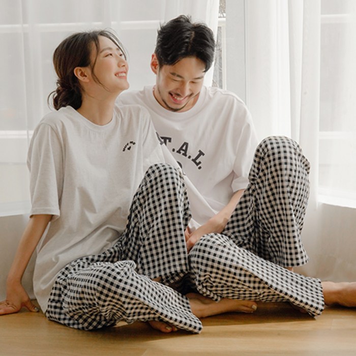 파란 커플 베이직 깅엄체크 9부 파자마 바지 대표 이미지 - 체크 바지 추천