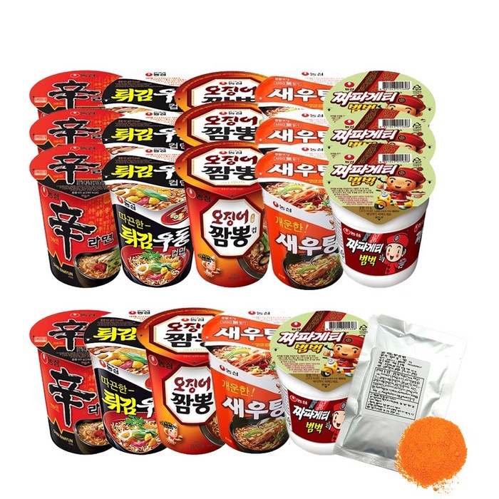 소컵 신라면4입+새우탕4입+오짬4입+튀김우동4입+짜파범벅4입+떡볶이소스50g, 1세트 대표 이미지 - 오뚜기 라면 추천