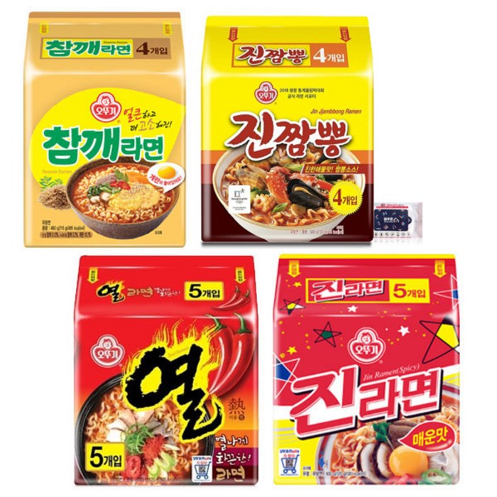 오뚜기 진라면 매운맛 + 진짬뽕 + 참깨라면 + 열라면 + 블루존 항균 물티슈 세트, 1세트 대표 이미지 - 프리미엄 라면 추천