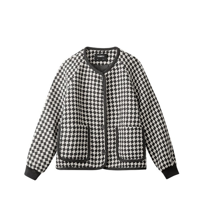 DFMEI 봄여름 신상품 패션 여성복류 Casual suit작은 그레인 명암 컬러 스타일의 라운드 넥 격자 짧은 코트 겨울 새로운 고급 초가을 탑 대표 이미지 - 봄여름 바람막이 추천
