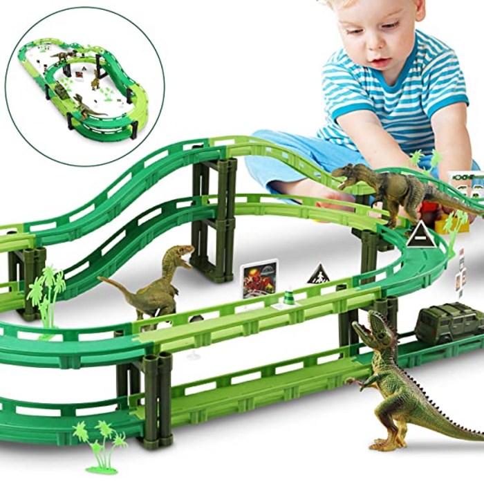 WOSTOO Dinosaur Tracks Toy Set Car Race Track Train Tracks Set With 1 Car And 3 Dinosaurs Toys For B