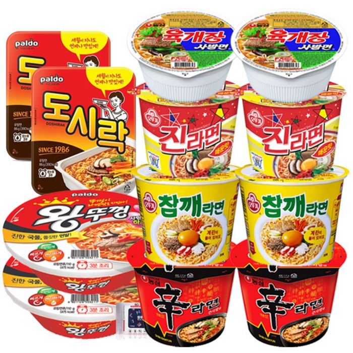 오뚜기 농심 팔도 컵라면 6종 (왕뚜껑2+도시락2+육개장사발면2+진라면 매운맛2+참깨라면2+신라면2) + 블루존물티슈, 1세트 대표 이미지 - 팔도 라면 추천