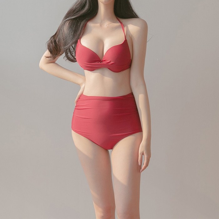 솔라비치 당일배송 체리 폴키니 기본 홀터넥 왕뽕 하이웨스트 셔링 뱃살 체형 커버 섹시 와이어 스트랩 레드 비키니 대표 이미지 - 비키니 폴 추천