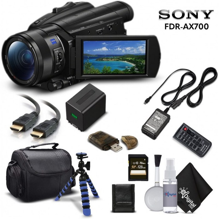 Sony Handycam FDR-AX700 4K HD 비디오 카메라 캠코더 128GB 메모리 카드 + 휴대용 케이스 + HDMI 케이블 등-스타터 키트, 단일옵션