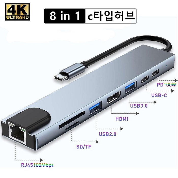 Aioneus 8-포트 타입 C 허브 USB3.0 이더넷 4K 멀티 허브(USB*2 타입-C*2 HDMI 이더넷 TF/SD), 실버, 8포트멀티허브 대표 이미지 - 멀티허브 추천