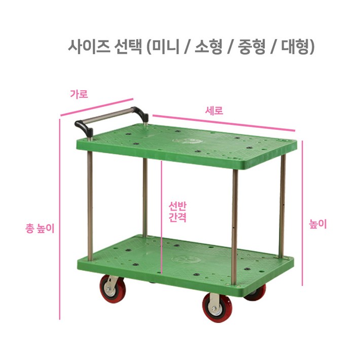 국내제작 2단 플라스틱 이동식조리대서빙카 병원카트 식당카트 업소용카트 배식카 이동식트레이 이동식대차 이동식카트, 2단/대형/녹색 대표 이미지 - 식당 카트 추천