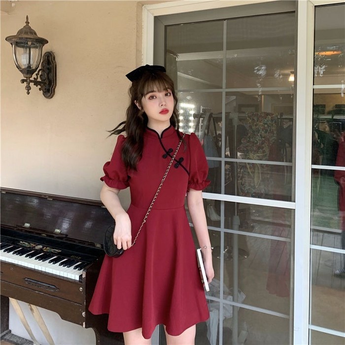 PigPug 여름 디자인 감각 스커트 22종 개량 치파오 빈티지 허리 걷어 날씬해 보이는 다헐 프랑스식 원피스 여자 대표 이미지 - 치파오 추천