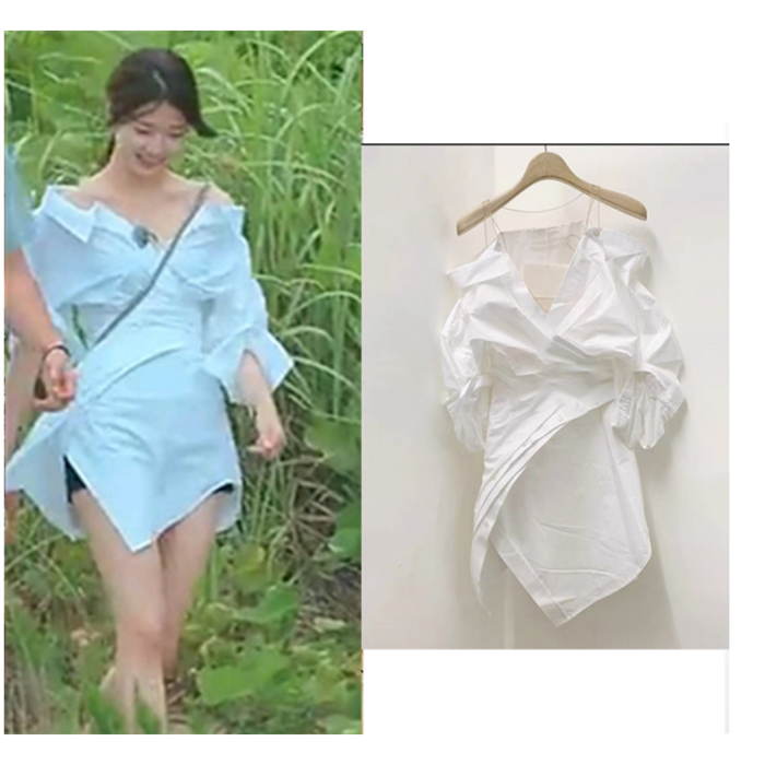 솔로 지옥 신지연같은 스타일 화이트 셔츠 원피스 프렌치 빈티지 벌룬 소매 화이트 셔링 언발란스 원피스 대표 이미지 - 솔로 지옥 패션 추천