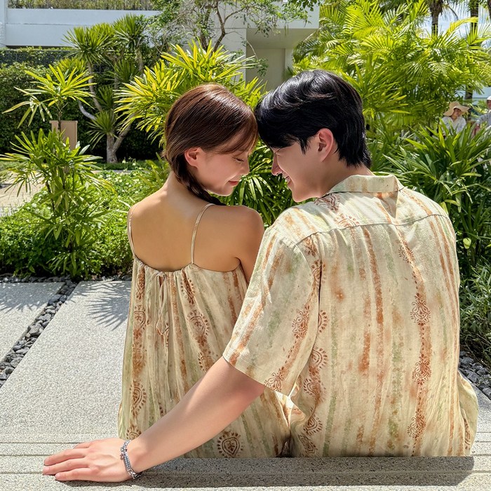 사이공 데이 휴양지 커플룩 신혼여행 여성 여름 바캉스 롱원피스 허니문 하와이안 비치룩 시밀러룩 반팔셔츠 세트 휴가 여행용 베트남 해변옷