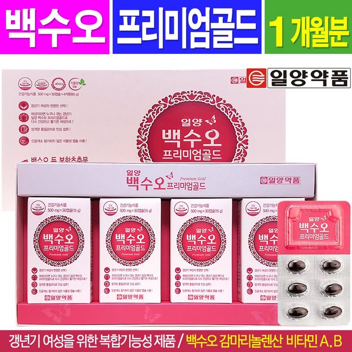 일양약품 백수오 프리미엄골드 갱년기여성을 위한 복함기능성제품, 1개, 500mg x 30캡슐 x 4카톤(60g) 대표 이미지