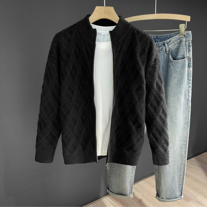 남성 니트 카디건 긴팔 솔리드 보온 코트 아가일 체크 캐주얼 집업 Y155