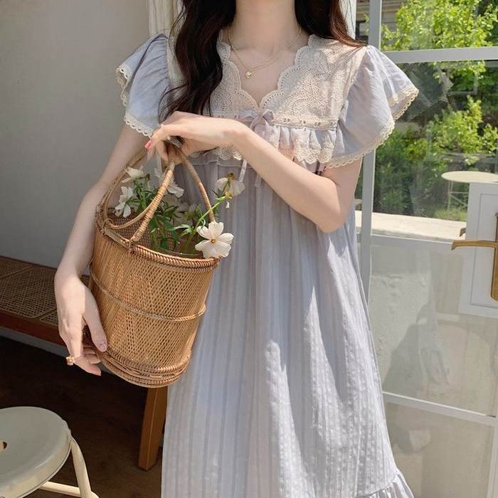 탑우 레이스 반팔 원피스 여름 순면 여성 잠옷 대표 이미지 - 홈웨어 추천
