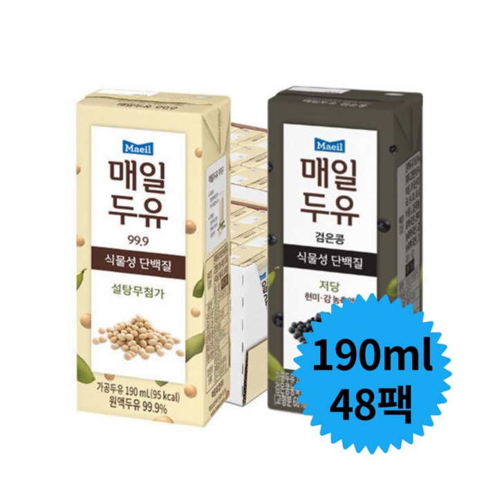 매일두유 임산부두유 무가당두유 무설탕 검은콩 저당 99.89 190ml 24개 48개, 매일두유 99.89 190ml x 48팩 대표 이미지 - 저당 두유 추천