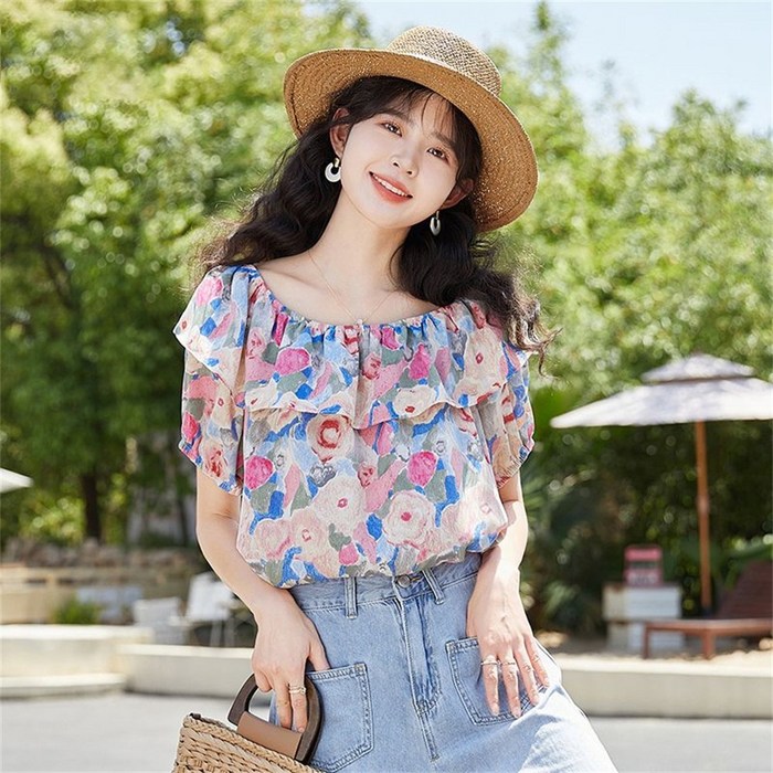 besteffie 블라우스 여성 여름 보트넥 쉬폰반팔티 러플 잔꽃 패턴 플라워 꽃무늬 빅사이즈 반팔 블라우스 C15 besteffie 블라우스 여성 여름 보트넥 쉬폰반팔티 러플 잔꽃 패턴 플라워 꽃무늬 빅사이즈 반팔 블라우스 C15