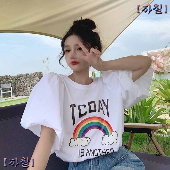 풍 퍼프소매티셔츠여슬림루즈핏프렌치초롱상의 대표 이미지 - 퍼프티 추천