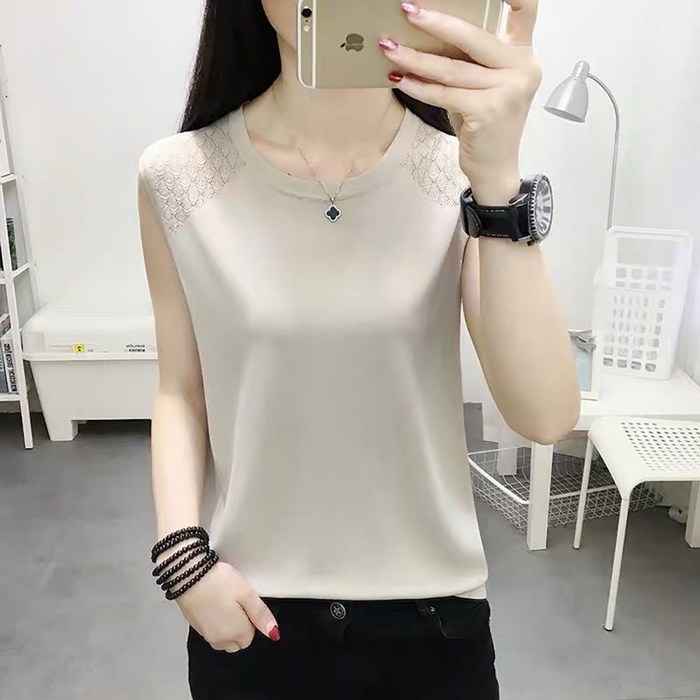 ROYALBELLE 여성 아이스 실크 니트 민소매 티셔츠 루즈핏 빅사이즈 라운드넥 나시 D0052332