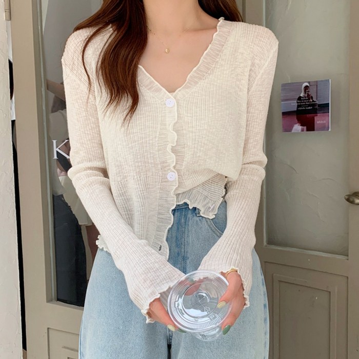 물결 얇은 시스루 쿨 크롭 가디건 골지 브이넥 여성 대표 이미지 - 흰색 가디건 추천