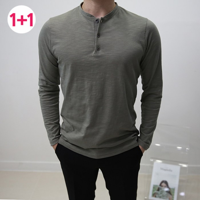 1+1 남자 헨리넥 슬라브 사계절 긴팔티셔츠 대표 이미지 - 30수 반팔 추천