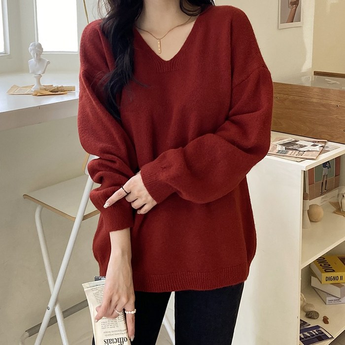 데일리앤 루즈핏 여성 브이넥 니트 멜트 대표 이미지 - 빨갱이 추천
