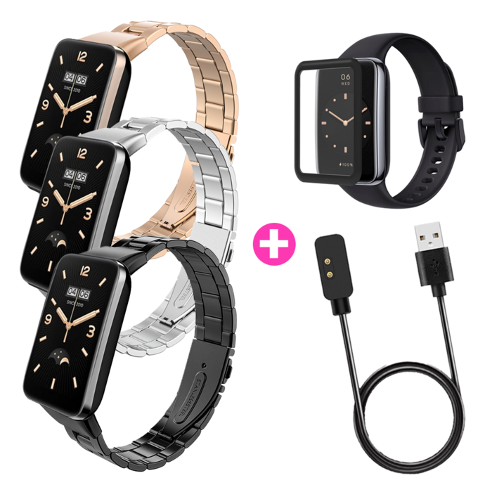 아야 올인원 set 미밴드7 프로 pro 메탈 시계줄 스트랩  보호필름  충전케이블, 1개