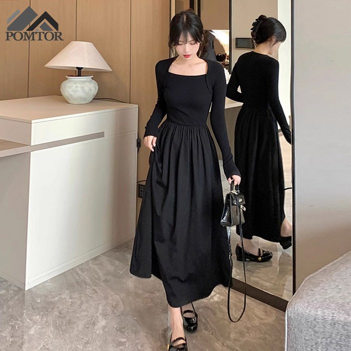 POMTOR 가을 겨울 여성 블랙 원피스 긴팔 스퀘어넥 고급 기질 원피스