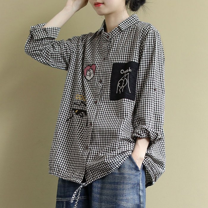 100141C 여성 체크무늬 루즈핏 셔츠남방 대표 이미지 - 여자 린넨 셔츠 추천