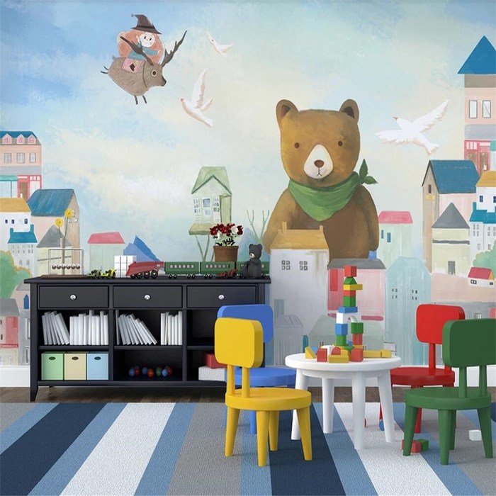 Milofi 사용자 정의 3D 벽지 벽화 북유럽 간단한 곰 작은 집 어린이 방 배경 벽 거실 침실 장식 p|천 & 직물 벽지|, 1개, Silk cloth