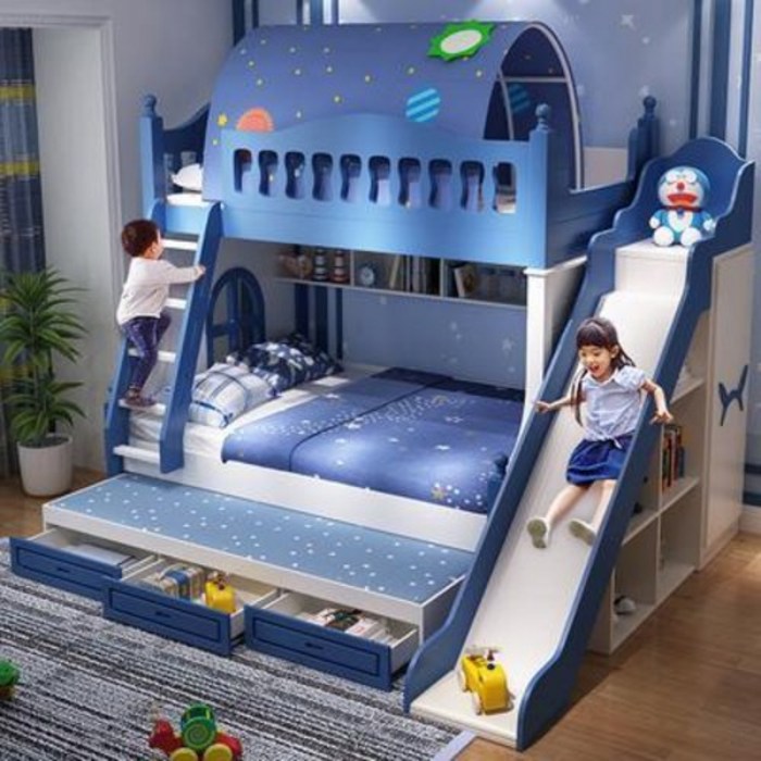 미끄럼틀침대 2층 슬라이드 유아 어린이 상하침대 이층침대 키즈 블루 지중해 이층 원목침대, 01 침대 위아래로 내려가다., 01 1200mmx1900mm, 01 더 많은 조합 형식