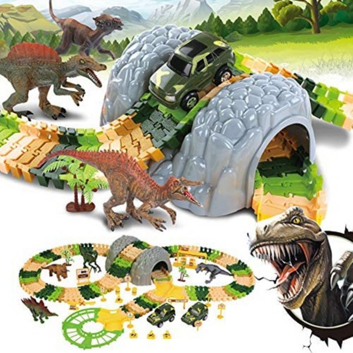 Dina Park Dinosaur Race Car Tracks Toys 184 PCS Flexible Track Train Play Sets with 4 Dino Figures, One Color_One Size, One Color, 상세 설명 참조0