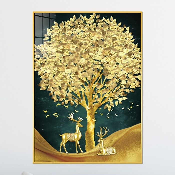 아트블루 부자되는 황금 코인 나무 그림 풍수 인테리어 소품 액자, 1번 커플 사슴 황금나무 [청]배경 [세로] 대표 이미지 - 금 장식품 추천