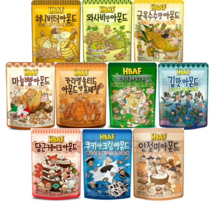 HBAF 바프 아몬드40g 10종 세트 허니버터+와사비+군옥수수+마늘빵+쿠키앤크림+당근케이크+카라멜아몬드앤프레첼+김맛+인절미+구운양파, 1세트 대표 이미지 - 바프 추천