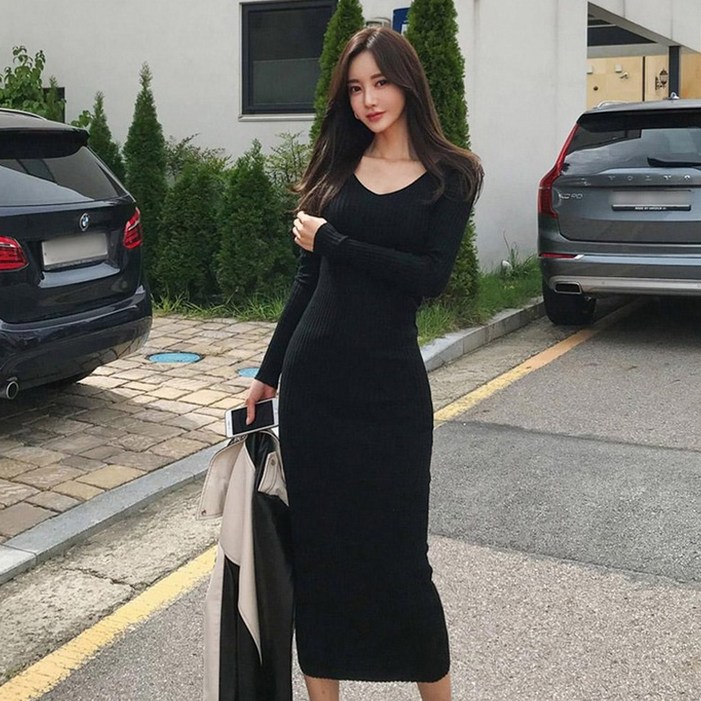 타니즈 브이넥 슬림 골지 니트원피스 플립