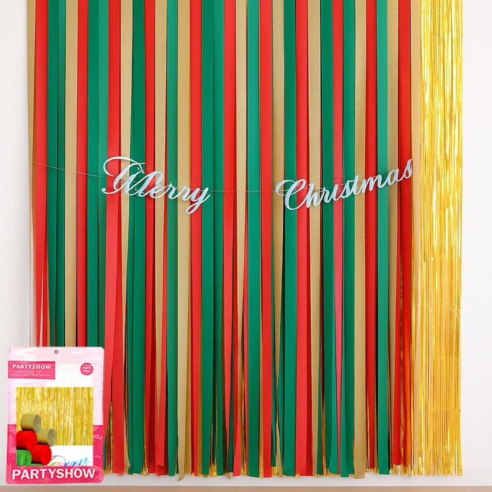 파티쇼 크리스마스파티 스트리머  커튼홀로그램골드 4p  캘리그래피가랜드  글루닷 세트