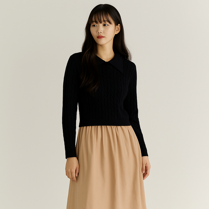 올리브데올리브 여성용 꽈배기 니트 배색 원피스