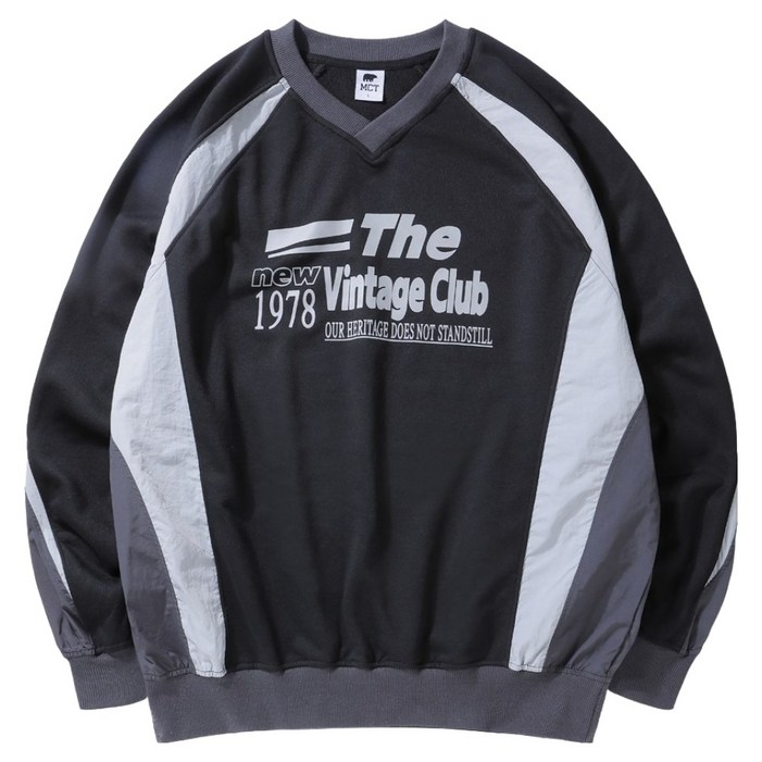 엠씨티 문컬렉션 브이넥 쭈리 우븐 배색 빅사이즈 오버핏 맨투맨