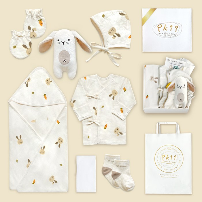 ikii 오가닉 배냇저고리 긴소매 7종 출산 선물세트 선물포장  쇼핑백