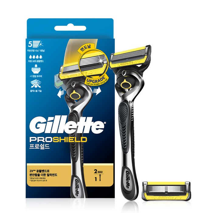 질레트 프로쉴드 옐로우 매뉴얼 면도기 핸들 + 면도날 2p 세트