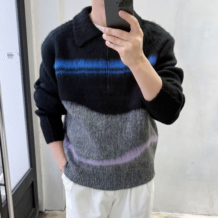 라운지21 남자 오버핏 투톤 배색 반집업 카라 니트