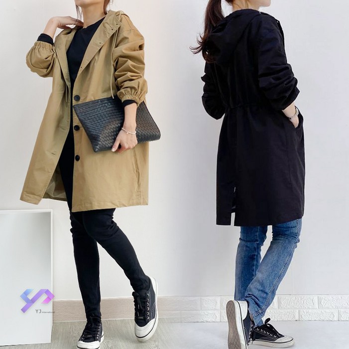 와이제이 국내 당일 발송 데일리 후드 트렌치코트 2컬러 오버핏 여성야상 여성자켓 YJK128