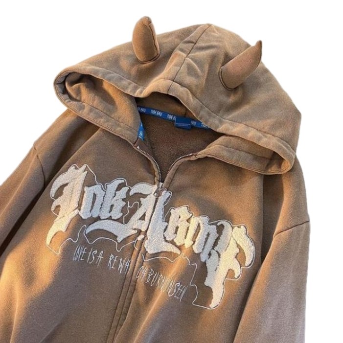 남자오버핏후드티 남성 맨투맨 가을옷 여성용 하라주크 하이 스트리트 긴팔 후드 재킷 상의 레트로 악마 뿔 후디 Y2K 오버사이즈 지퍼 레터 자수