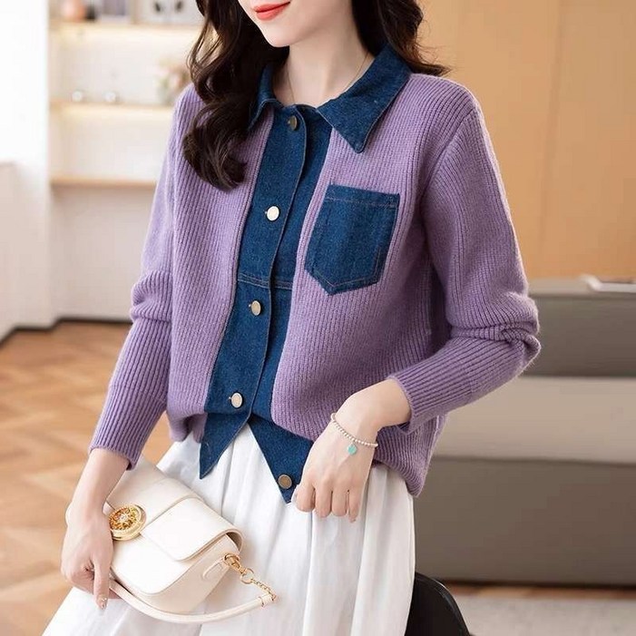 Skyciky 여성용 심플 배색 데님 니트 가디건 봄 작은 칼라 자켓 GG710
