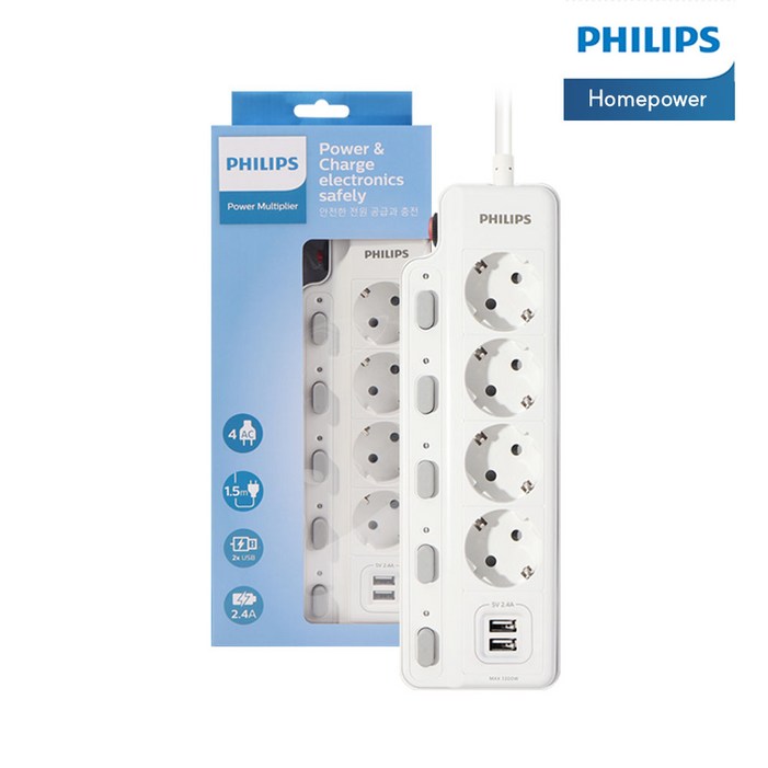 필립스 USB멀티탭 고용량 과부하차단 개별스위치 2구 3구 4구, 1개