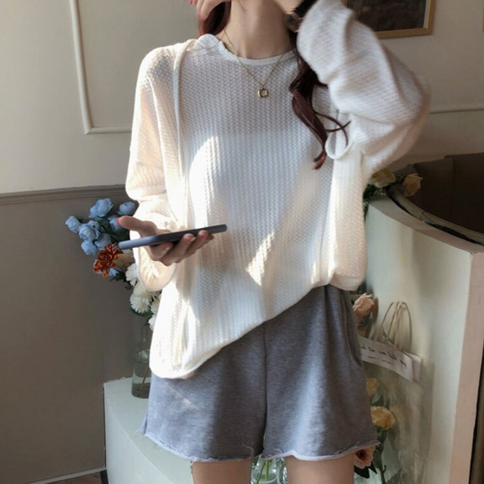 루즈핏 얇은 후드 티셔츠 트임 긴소매 가벼운 소재 통기성 편안함 캐주얼