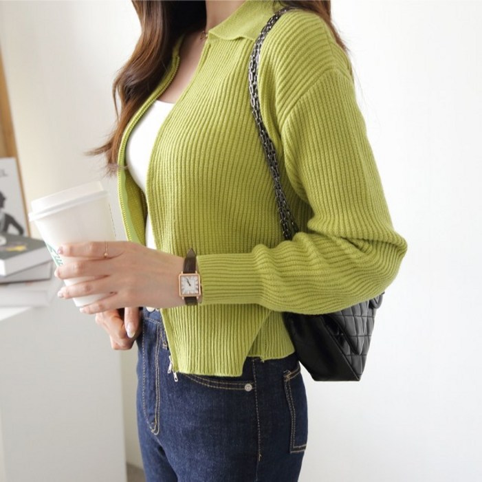 제니트 여성 기본핏 칼라넥 데일리룩 베이직 집업 투웨이 긴팔 니트 가디건 미드카라집업