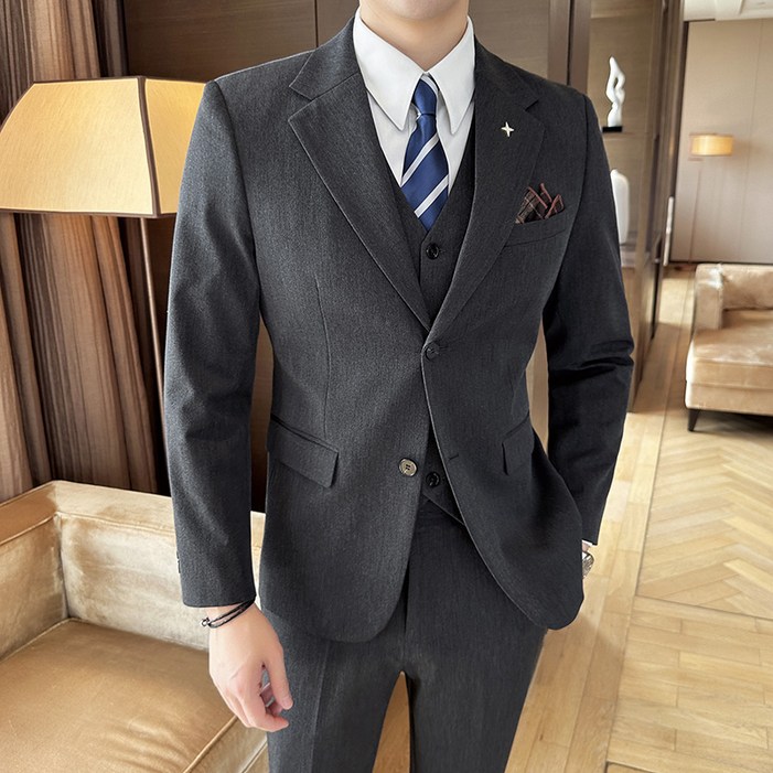 Enyofe 남성용 투버튼 캐주얼 쓰리피스 정장세트 재킷+조끼+바지 면접 기획 남자수트 3피스  결혼식 하객 남성 슈트 남자 겨울 검은 양복 세트 남성용 정장세트(5컬러)