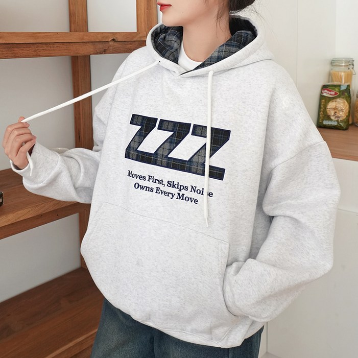키140키150키160 키키코 겨울 기모체크투톤후드티 중학생 오버핏 레터링 패치 긴팔 후드 티셔츠
