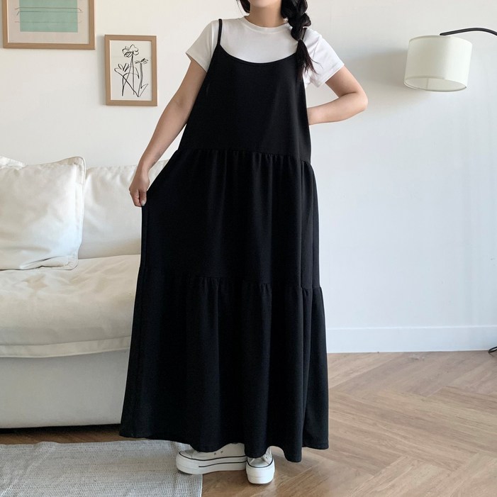 더한땀 빅사이즈 뒷리본 캉캉 레이어드 나시 롱 원피스