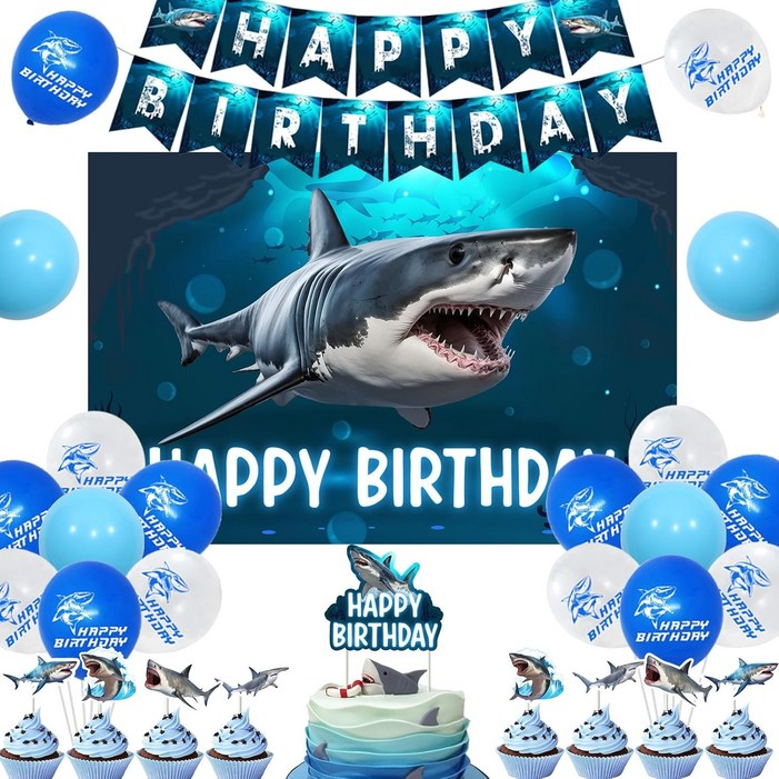 상어 모티브 생일 장식, 상어 모티브 생일 파티 장식 세트, 상어 모티브 파티 용품, 1set