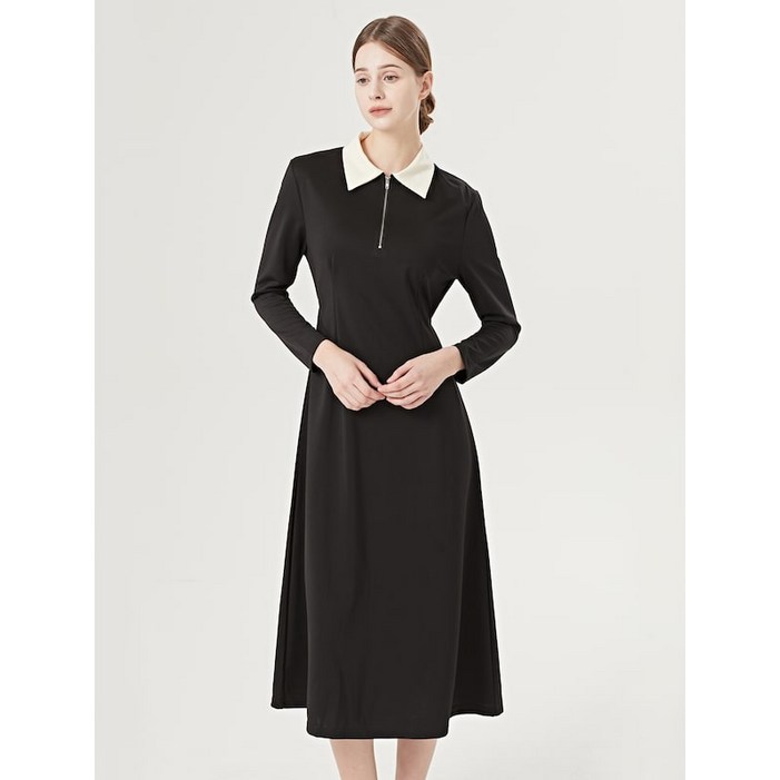 TANKUS 카라 배색 핀턱 백 리본 슬림 롱 원피스 TW1OP008L0 663465